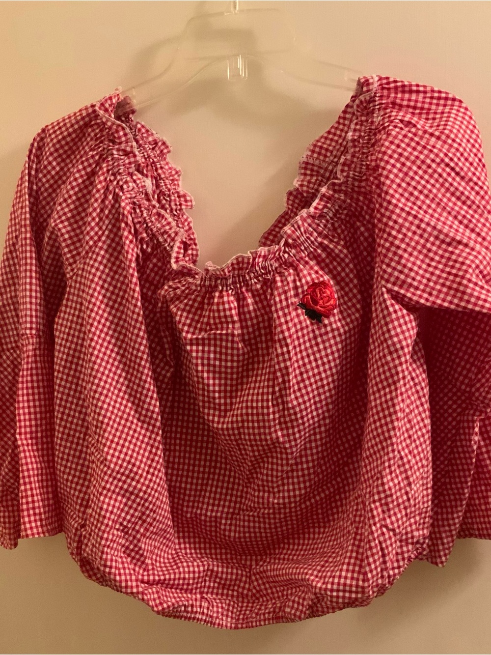 Forever 21 Red Gingham Peasant Blouse with Rose Patch